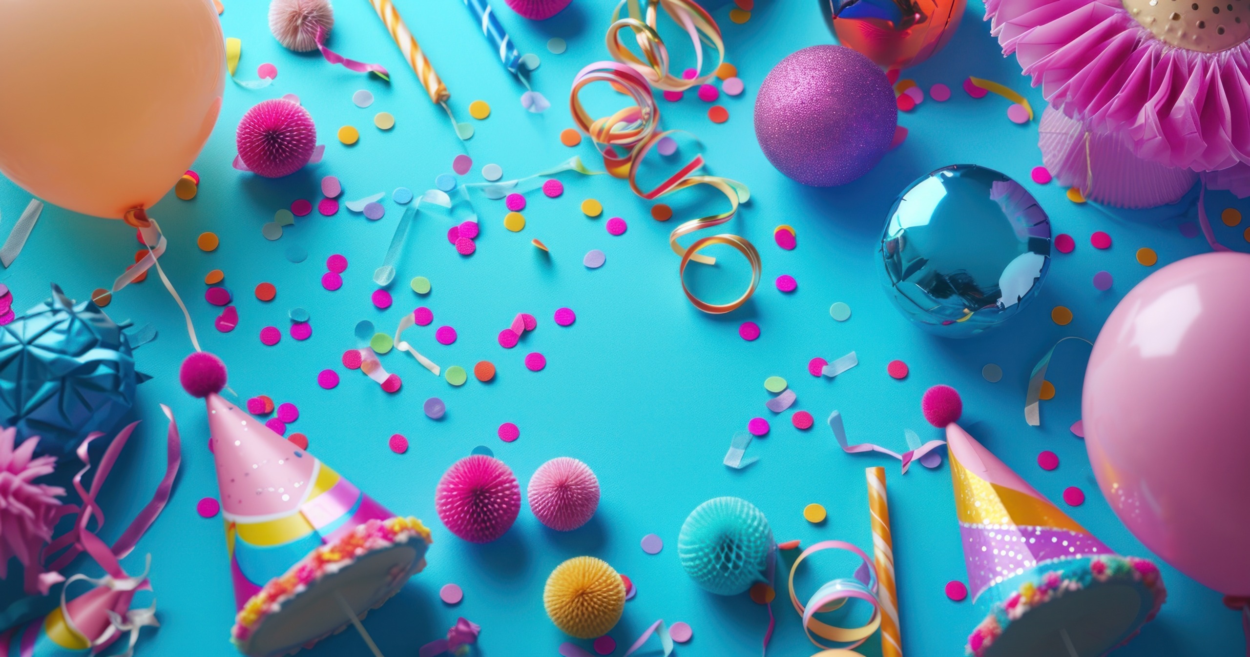 colorful party hats and confetti on blue background.