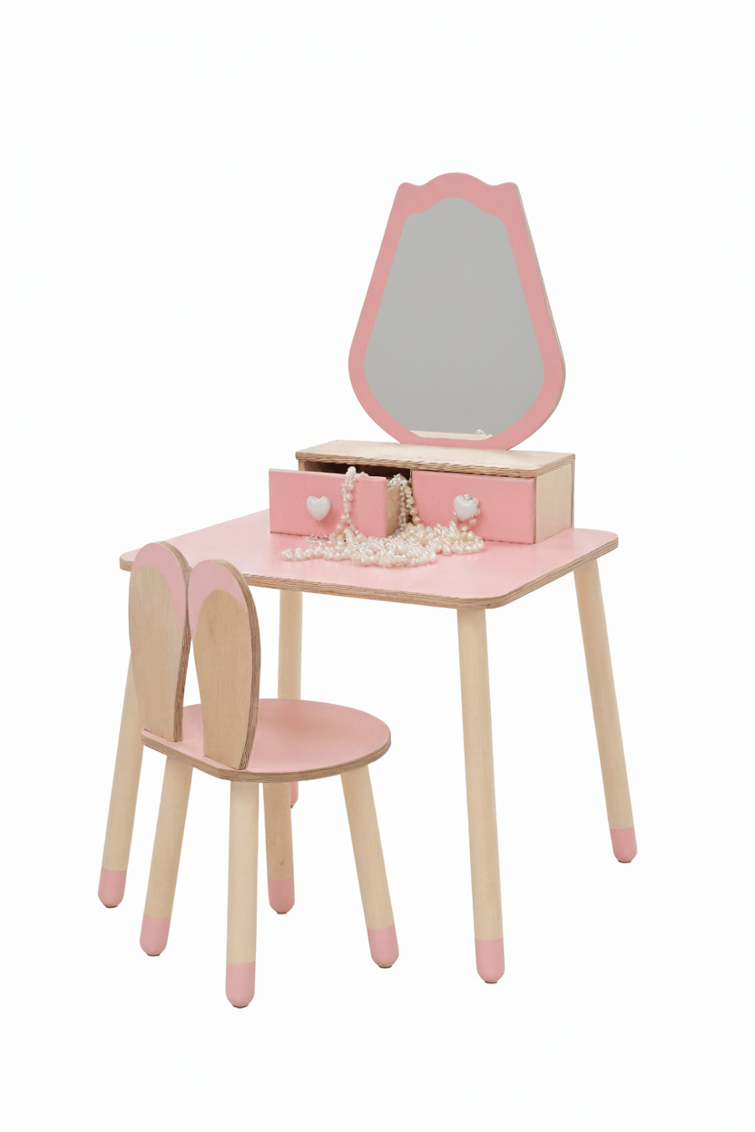 Laste peeglilaud koos tooliga “Printsess” – Roosa ja naturaalne – tulp