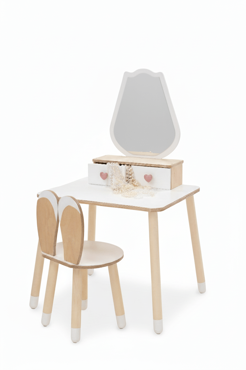 Laste peeglilaud koos tooliga “Printsess” – Valge ja naturaalne – tulp