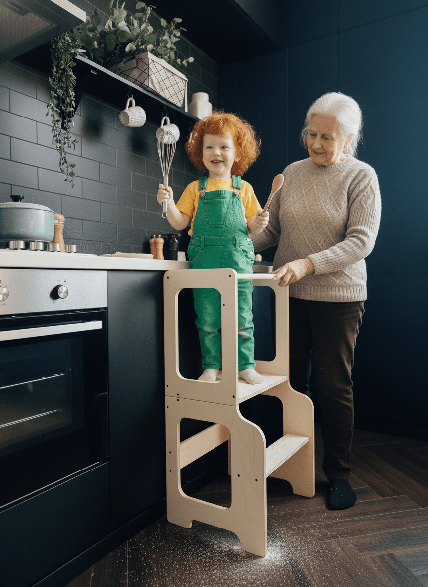 Õppetorn laua, tooli, tahvli ja liurajaga “Montessori”