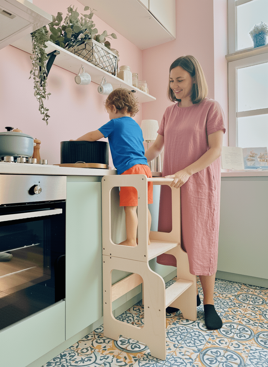 Õppetorn laua, tooli, tahvli ja liurajaga “Montessori”