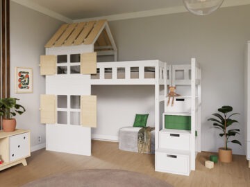 Benlemi kõrgvoodi Cottage poolkatuse ja hoiutrepiga 90 × 200 cm