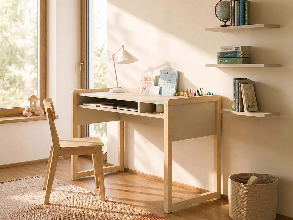 Benlemi Montessori kirjutuslaud Stolly riiuli ja pliiatsitopsiga – pilt 3